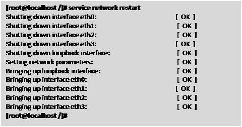 Text Box: [root@localhost /]# service network restart

 Shutting down interface eth0: [ OK ]

 Shutting down interface eth1: [ OK ]

 Shutting down interface eth2: [ OK ]

 Shutting down interface eth3: [ OK ]

 Shutting down loopback interface: [ OK ]

 Setting network parameters: [ OK ]

 Bringing up loopback interface: [ OK ]

 Bringing up interface eth0: [ OK ]

 Bringing up interface eth1: [ OK ]

 Bringing up interface eth2: [ OK ]

 Bringing up interface eth3: [ OK ]

 [root@localhost /]#

 